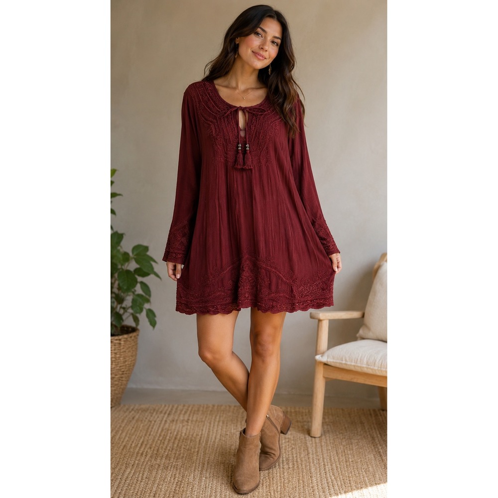 Seventh Avenue Womens Burgundy Embroidered Tassel Tunic Top‎ Long Sleeve Rayon L